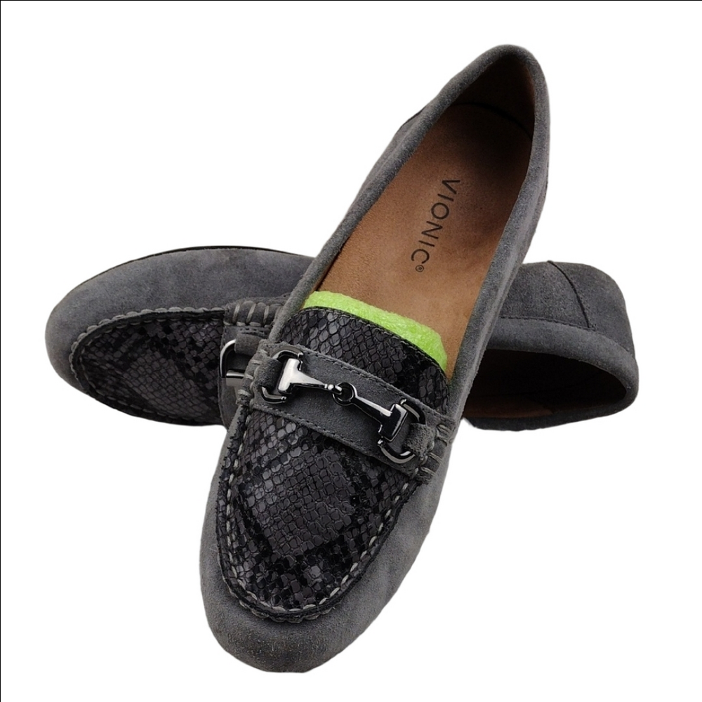 Vionic Dayna Gray Suede Leather Snakeskin Upper Almond Toe Slip On Flat Loafers